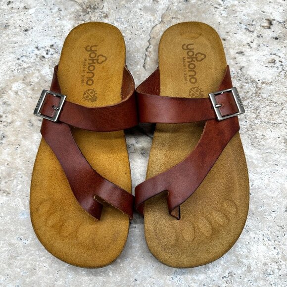 Yokono Sandals Womens Size 9 Cognac Leather Toe Loop Slides Adjustable Buckle - Picture 2 of 11